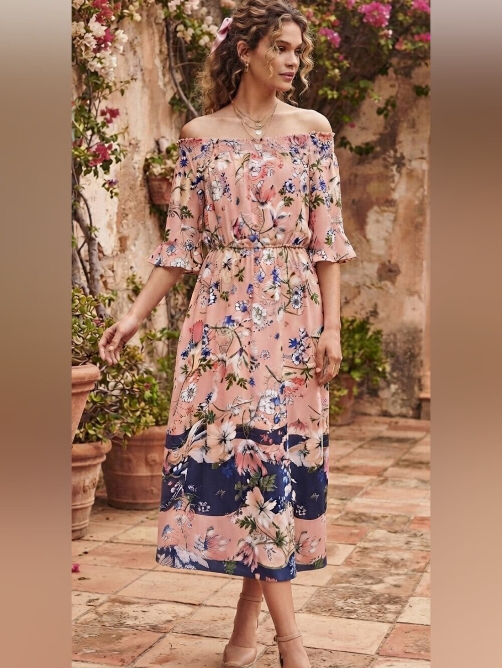 Westport Pink Floral Off Shoulder Maxi Dress 3/4 Sleeve Sz 12
